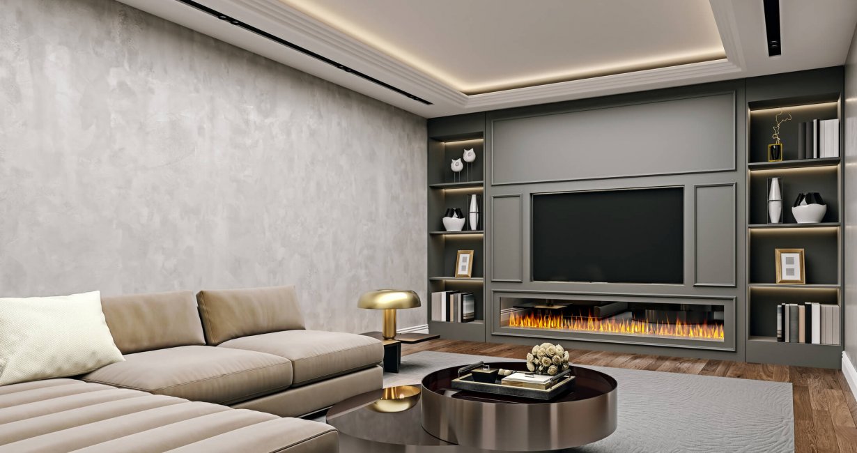 Modern interior design of living room in basement, angled close up view of tv wall with book shelves, stucco plaster, wooden flooring, 3d rendering
